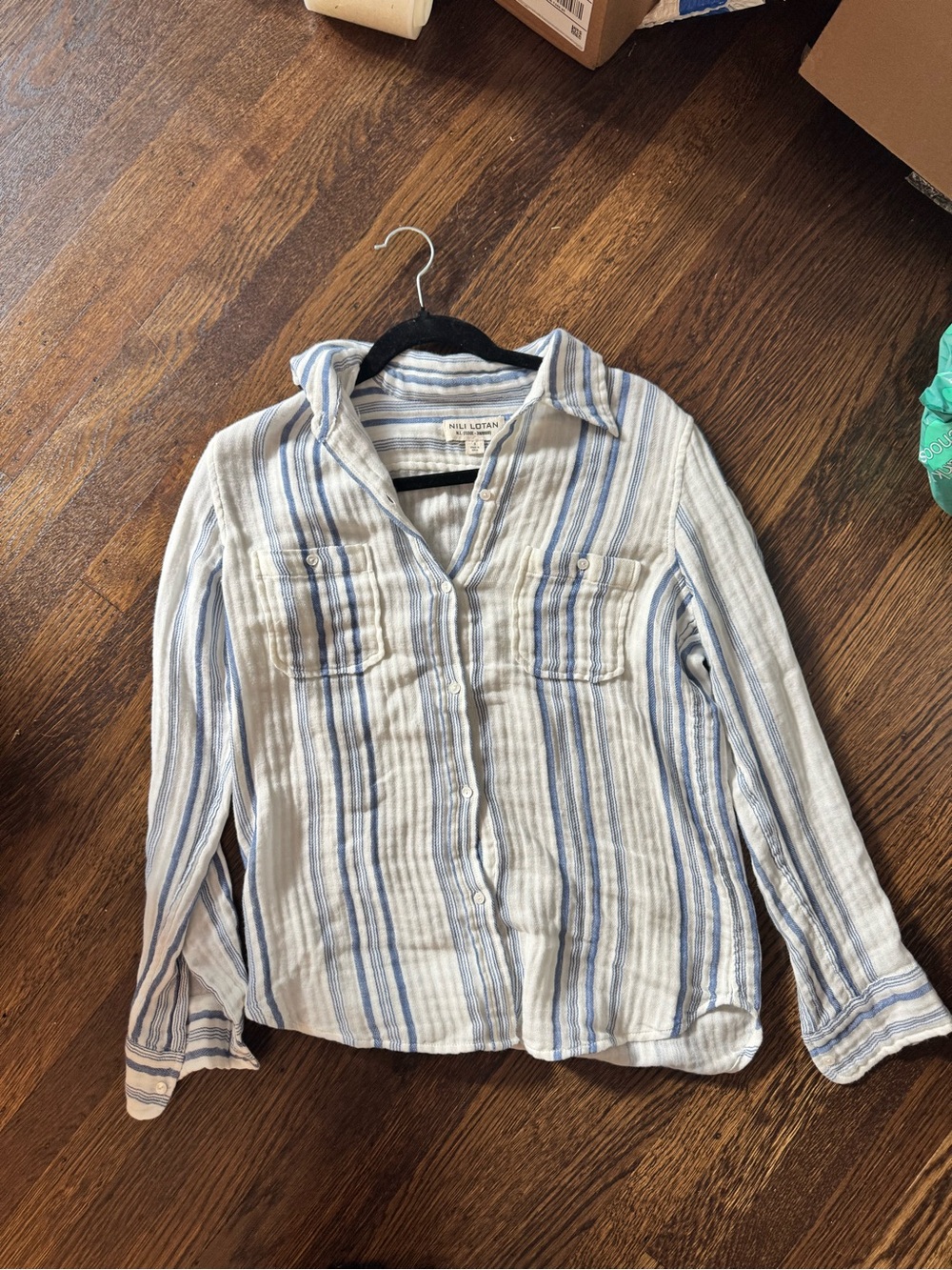Nili Lotan White and Light Blue Striped Button-Down Shirt